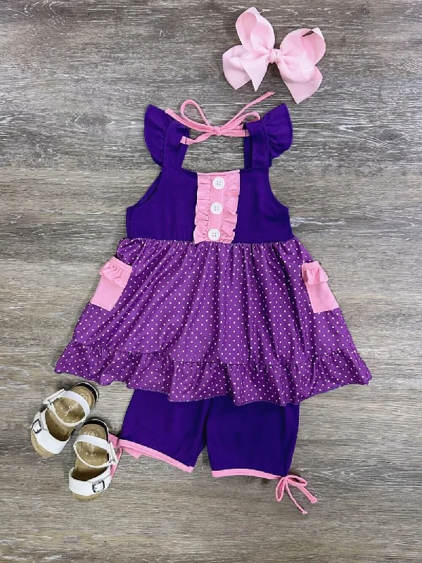 Shorts & Skirts easy returns-Pink & Purple Princess Flutter Sleeve Tunic Girls Shorts Outfit