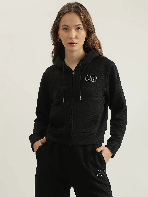 Hoodies with bear designs-Elle Women Black Solid Hooded Full Sleeves Sweatshirt