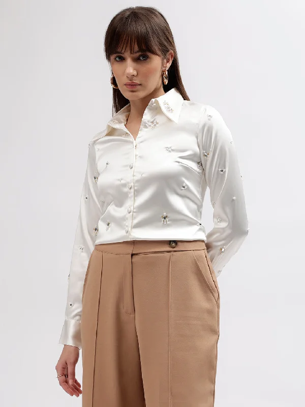 Blouses & Shirts in stock-Centre Stage Women White Embellished Spread Collar Full Sleeves Shirt