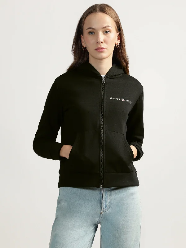 Sweatshirts for movie nights-Gant Women Black Solid Hooded Full Sleeves Front-open Sweatshirt