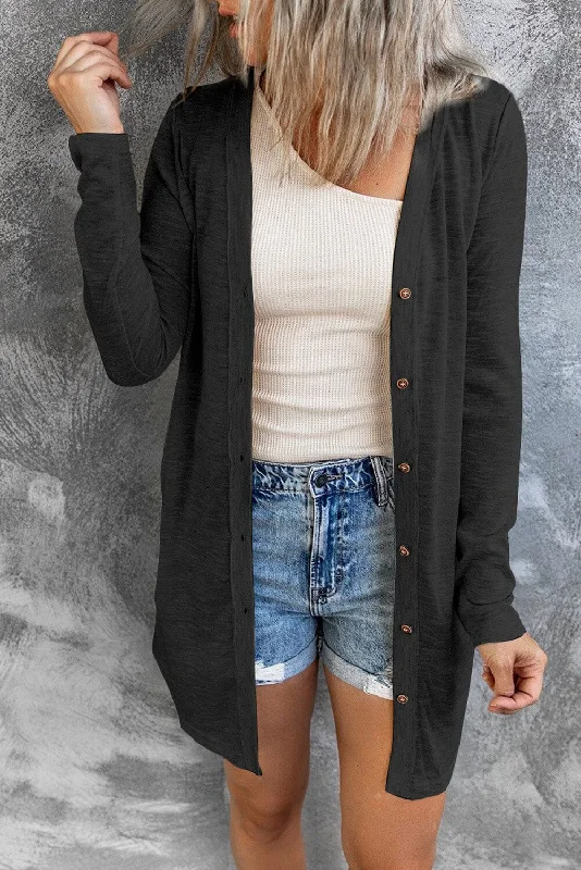 Cardigans with bag pairing-Double Take Button Down Long Sleeve Longline Cardigan