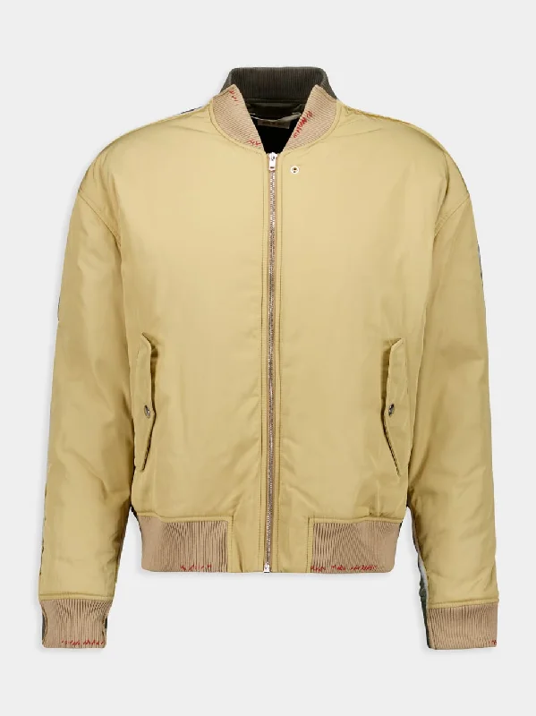 Jackets for street style -Beige Twill Bomber Jacket with Contrast Back