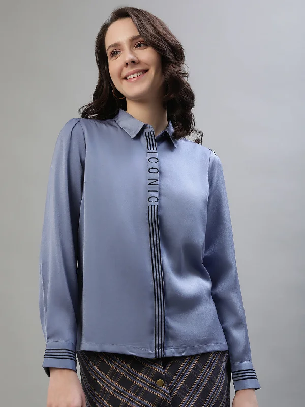 Blouses & Shirts formal-Iconic Women Blue Solid Spread Collar Full Sleeves Shirt