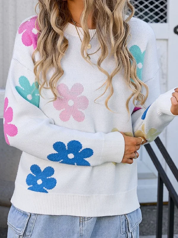 Flower Round Neck Long Sleeve Sweater