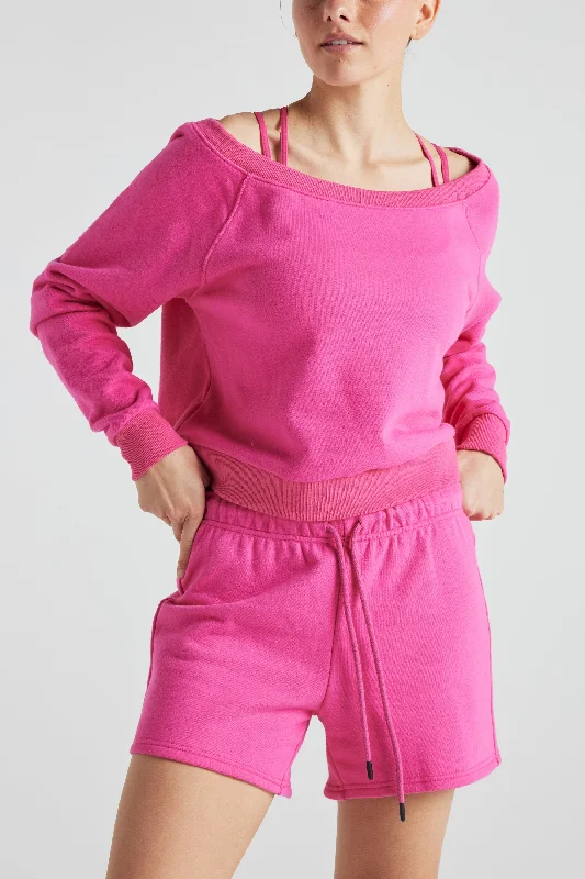 Hoodies with airplane prints-Electric Fleece Off Shoulder Sweatshirt - Pink Yarrow