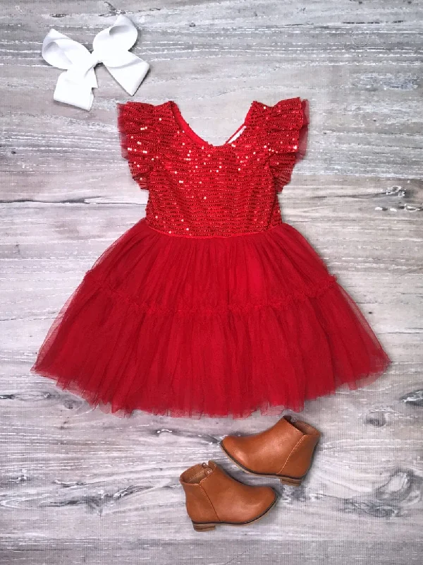 Shorts & Skirts stylish looks-Bright Red Sequin Short Sleeve Chiffon Girls Special Occasion Tutu Dress