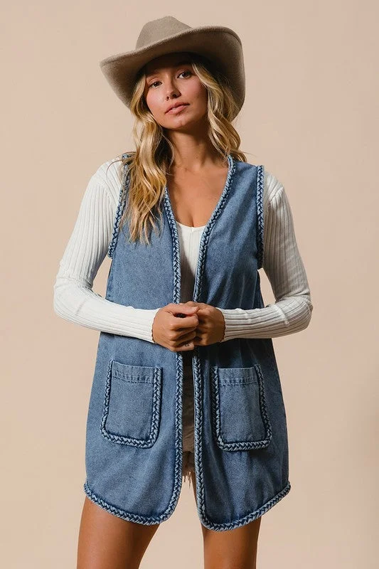 Waistcoats & Vest with cyberpunk-BiBi Braided Trim Open Front Denim Vest with Pockets