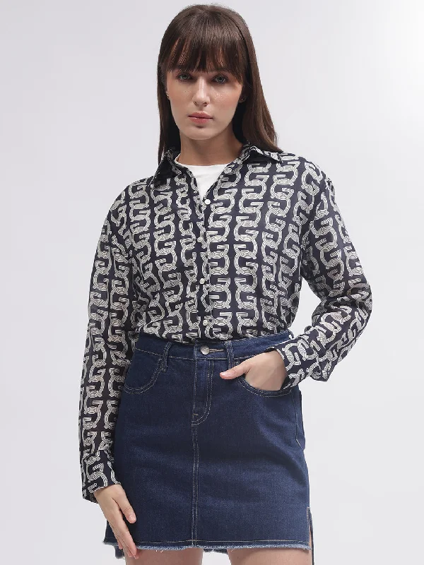 Blouses & Shirts Thanksgiving-Gant Women Blue Printed Spread Collar Full Sleeves Shirt