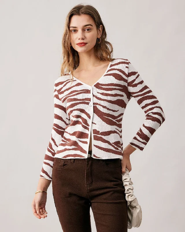 Cardigans with weekly offer-The Coffee V Neck Zebra Knit Cardigan