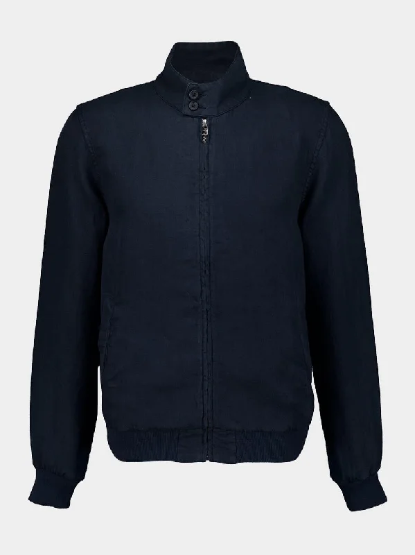 Jackets for zip-lining -Navy Blue Linen Bomber Jacket