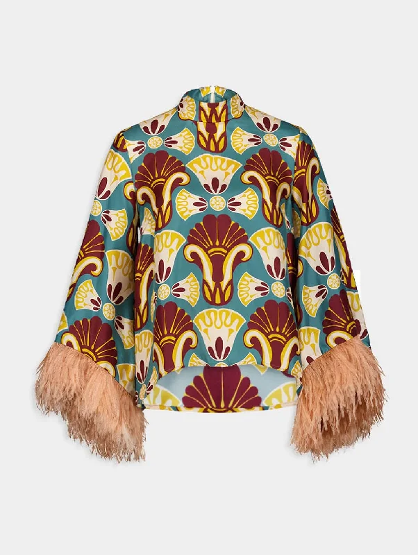 Graphic-Print Silk Top with Feathers