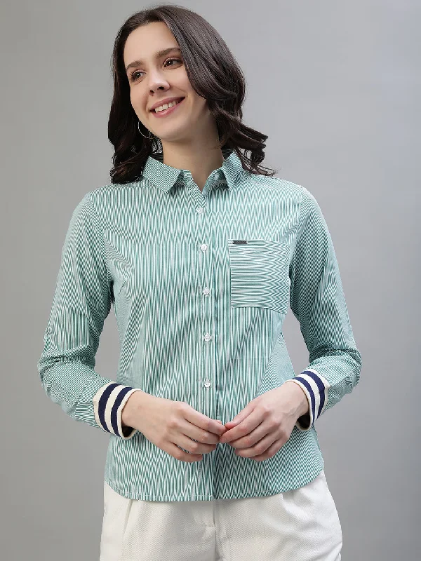 Blouses & Shirts trendy-Iconic Women Green Striped Spread Collar Full Sleeves Shirt