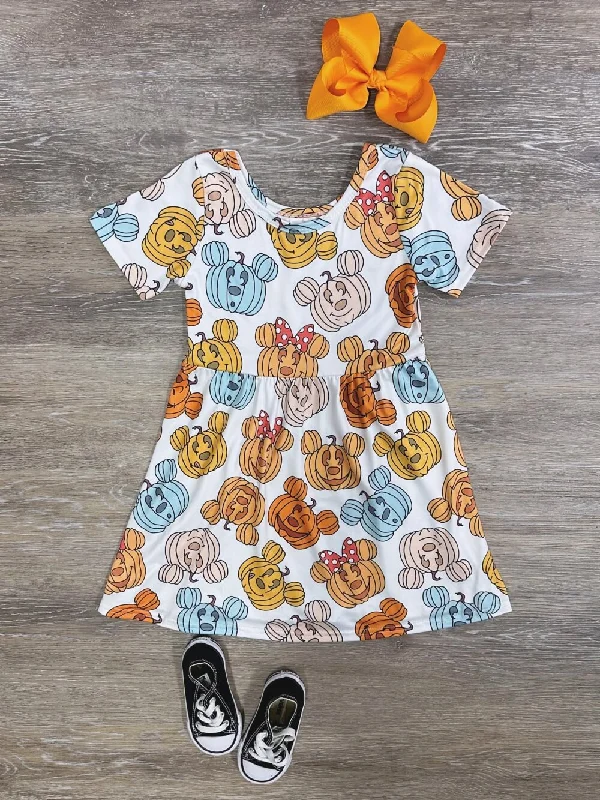 Shorts & Skirts winter collection-Pumpkin Mouse Girls Short Sleeve Fall Dress