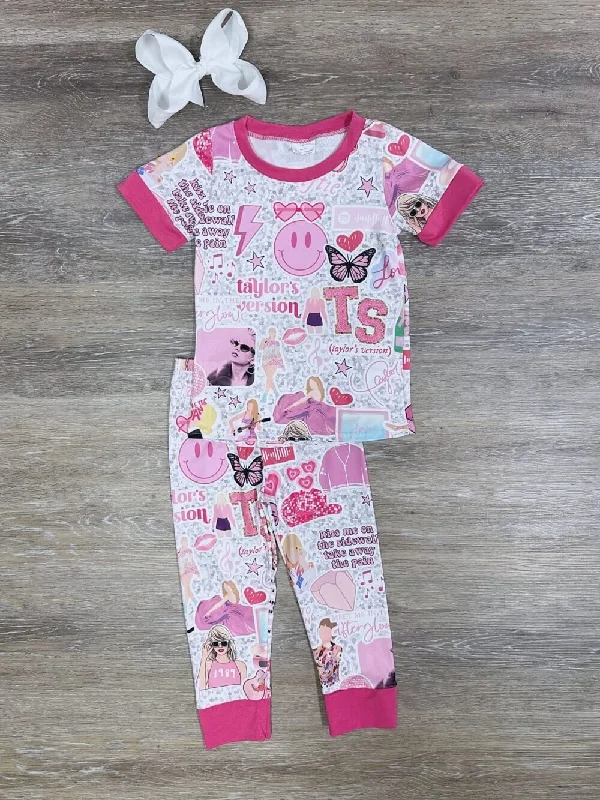 Shorts & Skirts modern looks-Swiftie Hot Pink Girls Short Sleeve Pajama Set