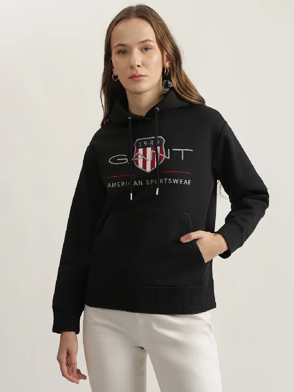 Sweatshirts for sleep lovers-Gant Women Black Embroidered Hooded Full Sleeves Sweatshirt