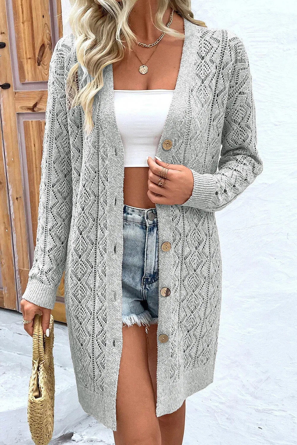 Cardigans with family photo-Openwork Button Down Long Sleeve Cardigan