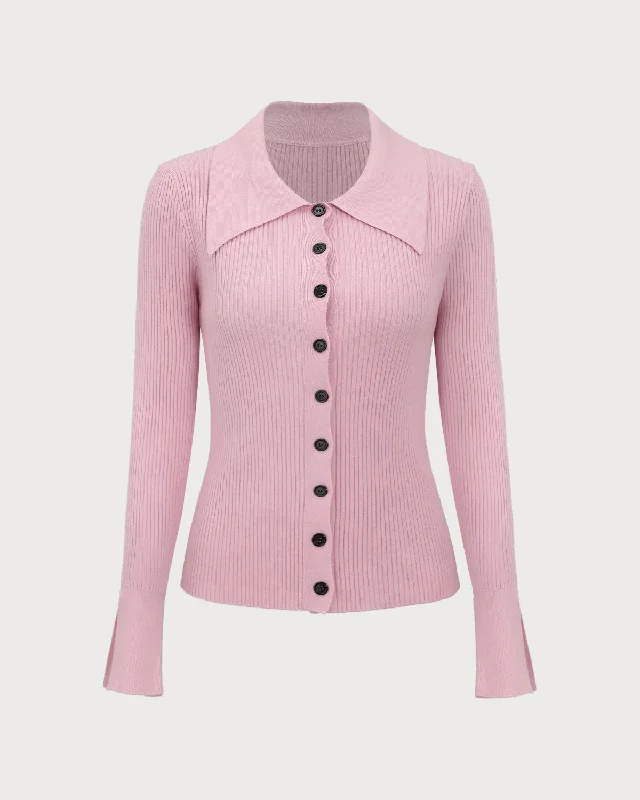 Cardigans with fashion guide-Pink Ribbed Button Slim Cardigan