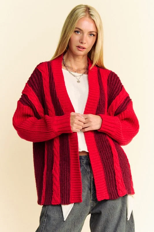 Cardigans with date night look-Davi & Dani Cable-Knit Color Block Open Front Cardigan