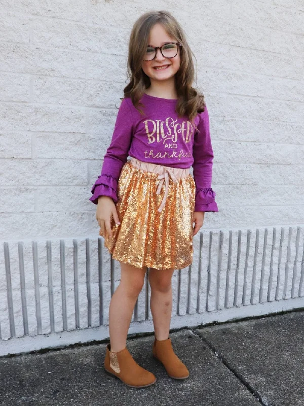 Shorts & Skirts latest looks-Blessed & Thankful Purple Gold Sequin Ruffle Girls Skirt Outfit