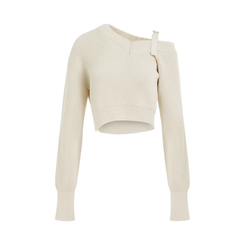 Seville Asymmetric Buckle Strap Knit Sweater in Off-White