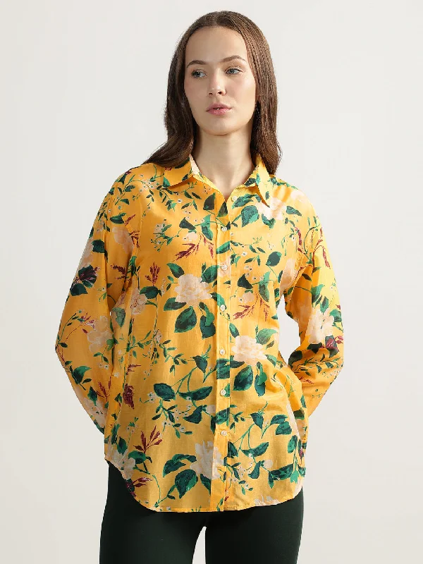 Blouses & Shirts spring-Gant Women Yellow Printed Spread Collar Full Sleeves Shirt