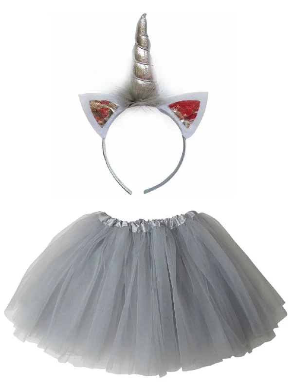 Shorts & Skirts chic designs-Girls Silver Metallic Unicorn Tutu Skirt Costume Complete Set with Headband Horn