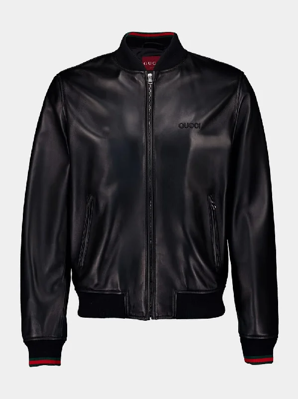 Jackets for outdoor parties -Leather Bomber Jacket with Web