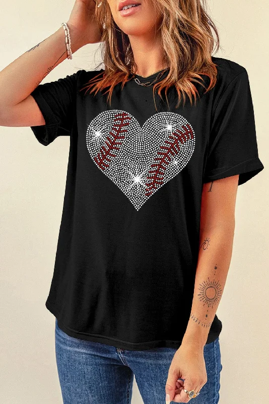 Shorts & Skirts premium quality-Rhinestone Heart Round Neck Short Sleeve T-Shirt