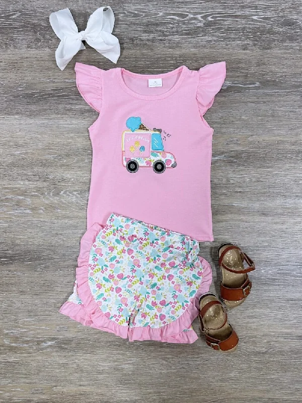 Shorts & Skirts vibrant designs-Ice Cream & Flowers Summer Girls Pink Ruffle Shorts Outfit