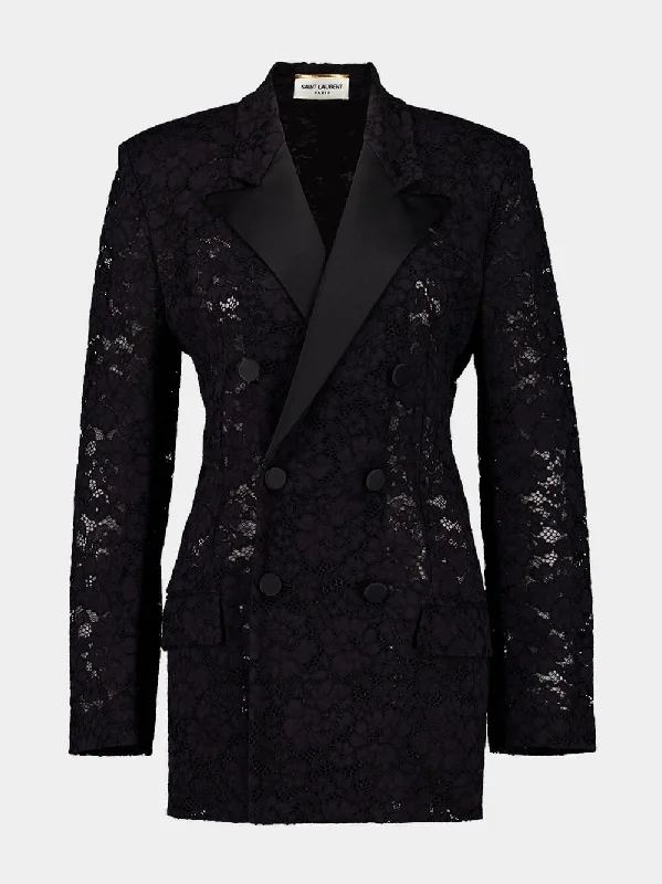 Jackets with custom designs -Black Lace Double-Breasted Jacket