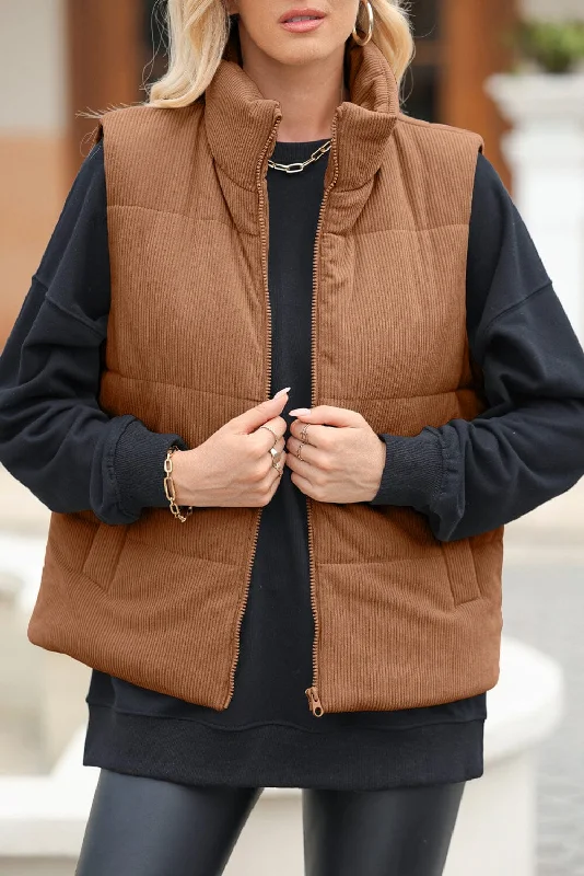 Waistcoats & Vest with rock style-Pocketed Zip Up Turtleneck Vest Coat