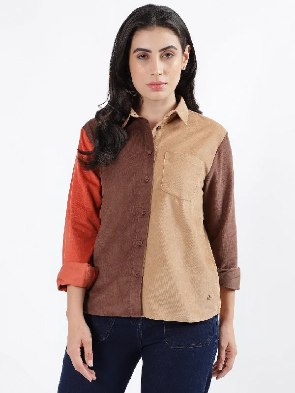 Blouses & Shirts striped-Iconic Women Multicolor Colorblocked Spread Collar Full Sleeves Shirt