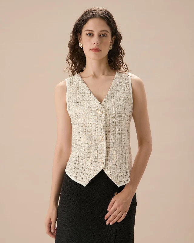 Waistcoats & Vest with 1940s look-Women's Apricot V-Neck Buttoned Tweed Vest