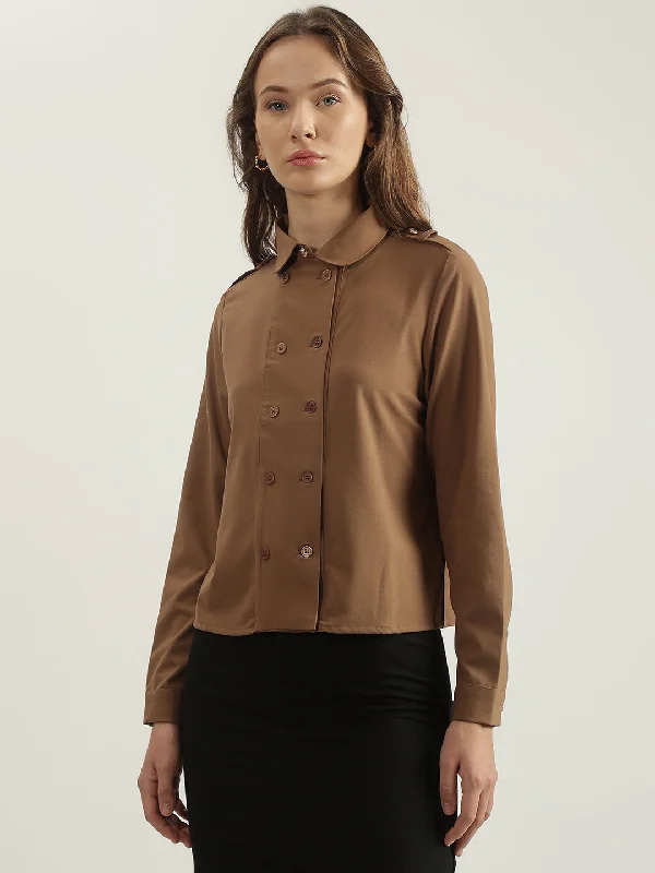 Blouses & Shirts for flash sale-Iconic Women Brown Solid Spread Collar Full Sleeves Shirt