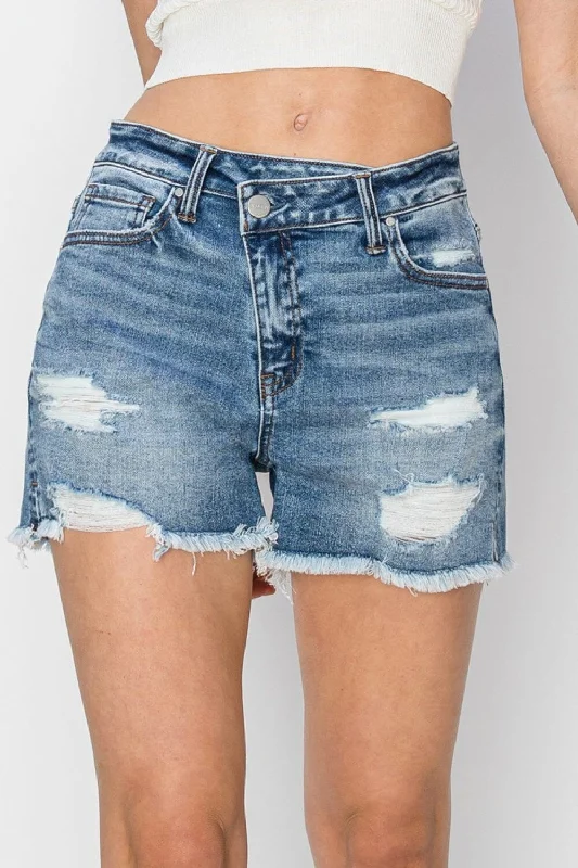 Shorts & Skirts fashion designs-RISEN Stepped Waist Frayed Denim Shorts