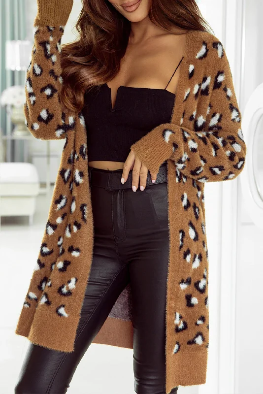 Cardigans with bridal shower-Full Size Leopard Open Front Long Sleeve Cardigan