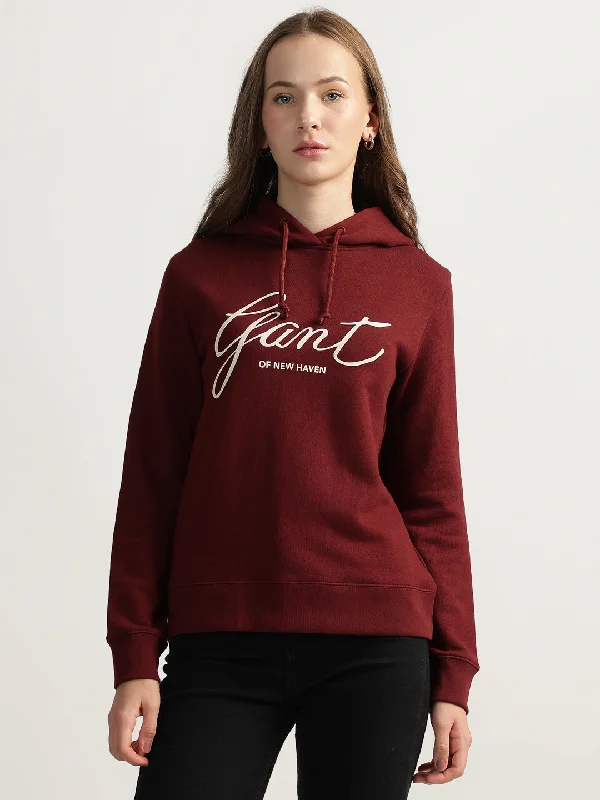 Hoodies with popcorn prints-Gant Women Red Printed Hooded Full Sleeves Pullover Style Sweatshirt