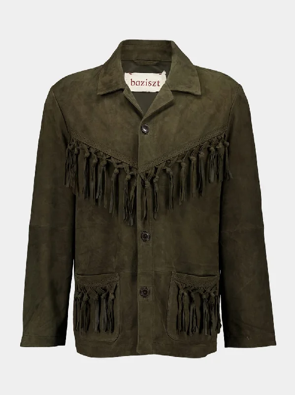 Jackets for team sports -Khaki Green Fringe Jacket