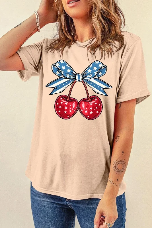 Shorts & Skirts latest offers-Cherry Graphic Round Neck Short Sleeve T-Shirt