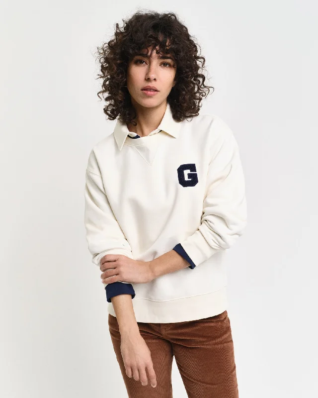 Hoodies for bird watchers-Gant Women Cream Solid Round Neck Full Sleeves Sweatshirt