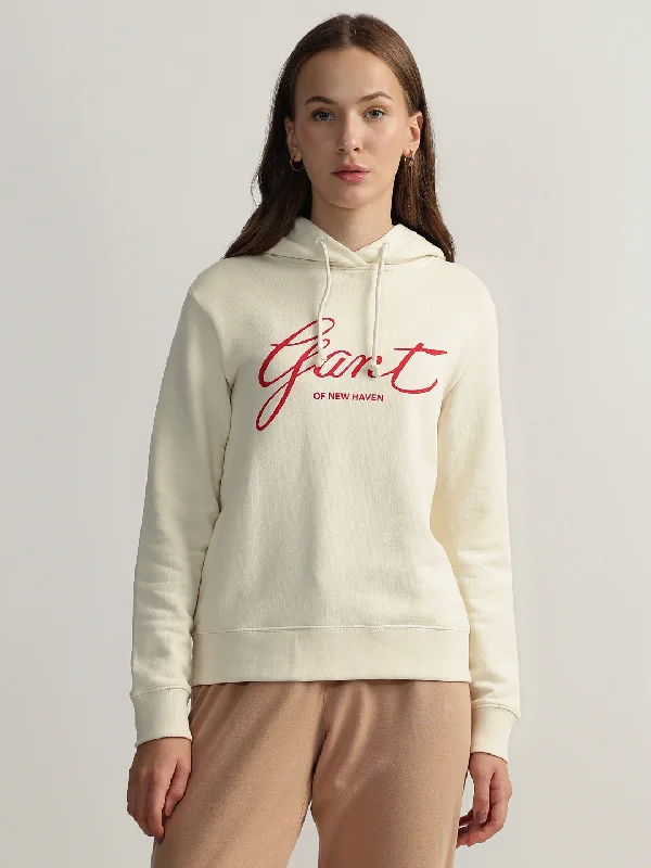 Sweatshirts for pet adopters-Gant Women Cream Printed Hooded Full Sleeves Pullover Style Sweatshirt