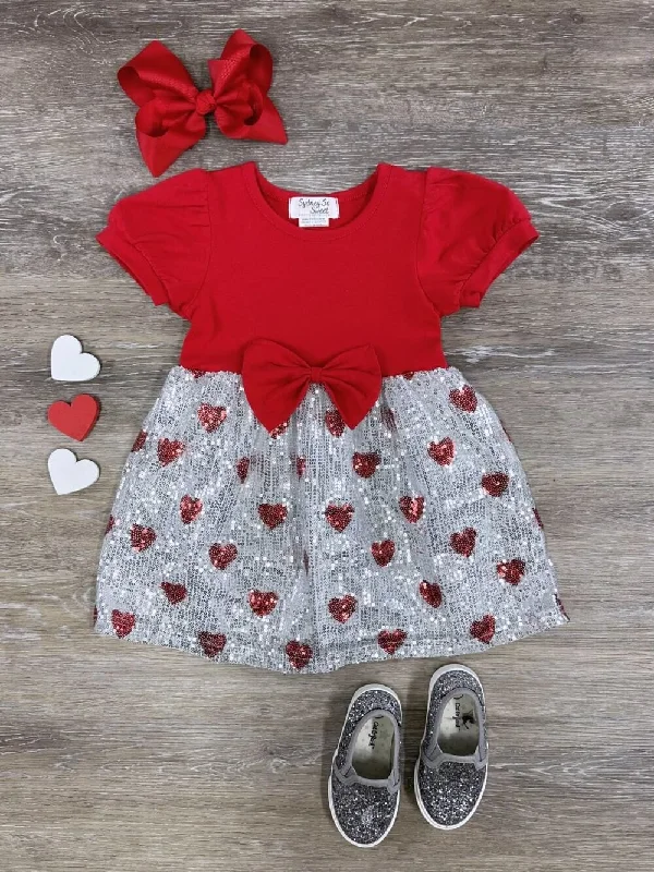 Shorts & Skirts seasonal designs-Hearts On Fire Girls Sequin Red Heart Short Sleeve Dress