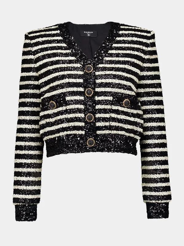 Jackets for golfing -Striped Sequinned Cropped Jacket