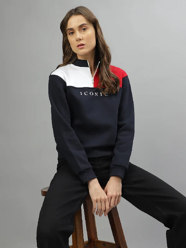 Hoodies for ice skating-Iconic Women Multicolor Colorblocked Stand Collar Full Sleeves Sweatshirt