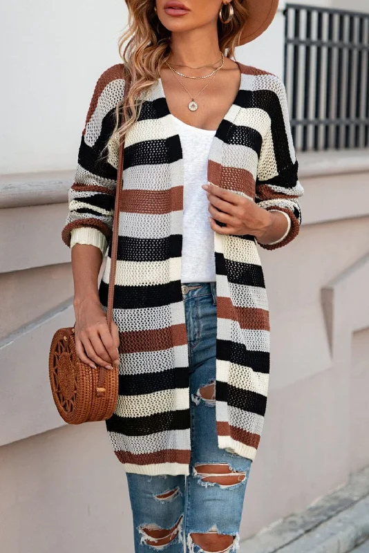 Cardigans with belt accessory-Full Size Striped Long Sleeve Openwork Cardigan