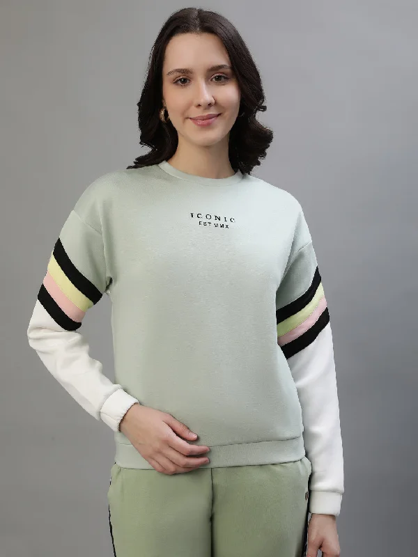 Sweatshirts for remote workers-Iconic Women Mint Color Blocked Round Neck Sweatshirt