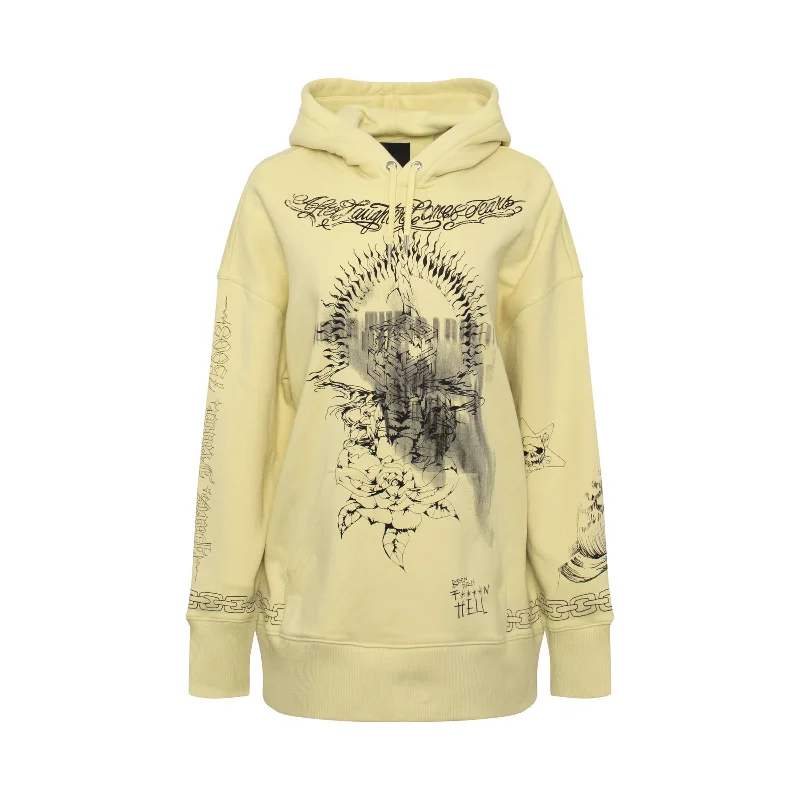 Sweatshirts with snap closures-Tattoo Cross Print Hoodie in Lemonade