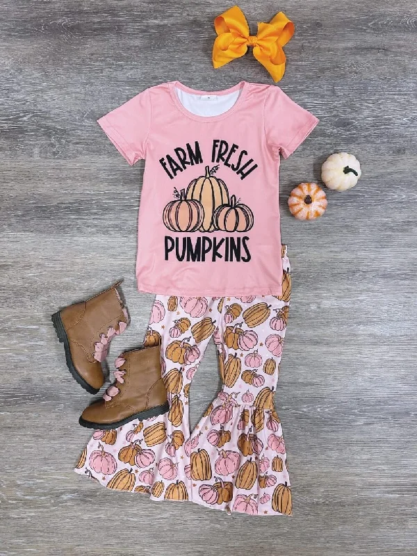 Shorts & Skirts high quality-Farm Fresh Pumpkins Girls Short Sleeve Bell Bottoms Outfit