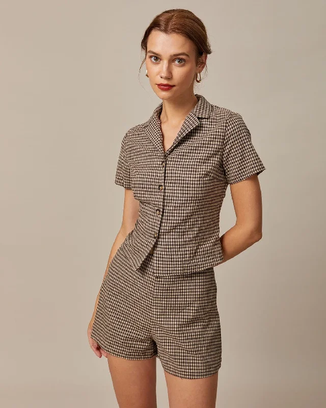 Shorts & Skirts bold designs-The Brown Lapel Plaid Short Sleeve Blouse