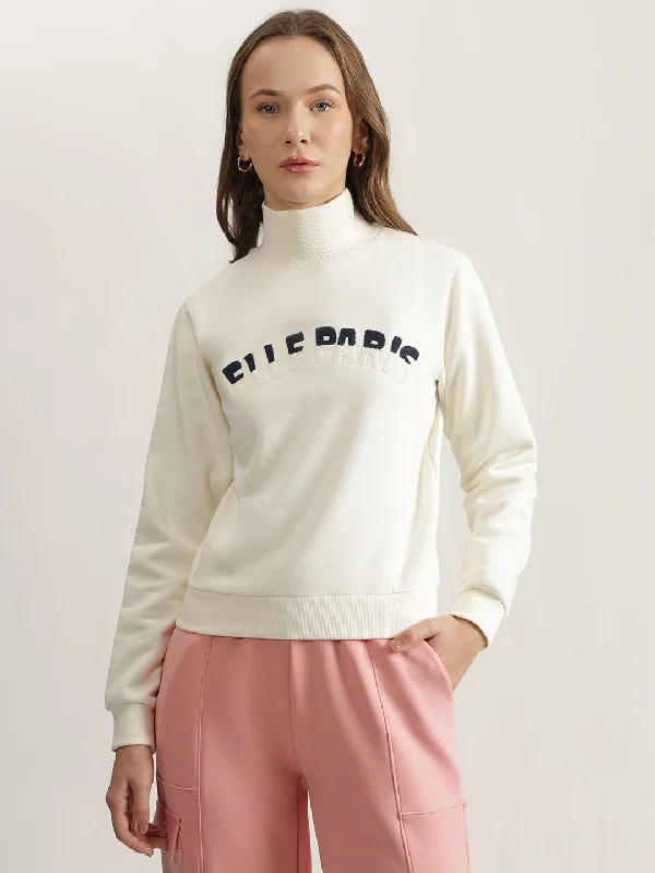 Sweatshirts with winter vibes-Elle Women Off White Solid High Neck Full Sleeves Sweatshirt